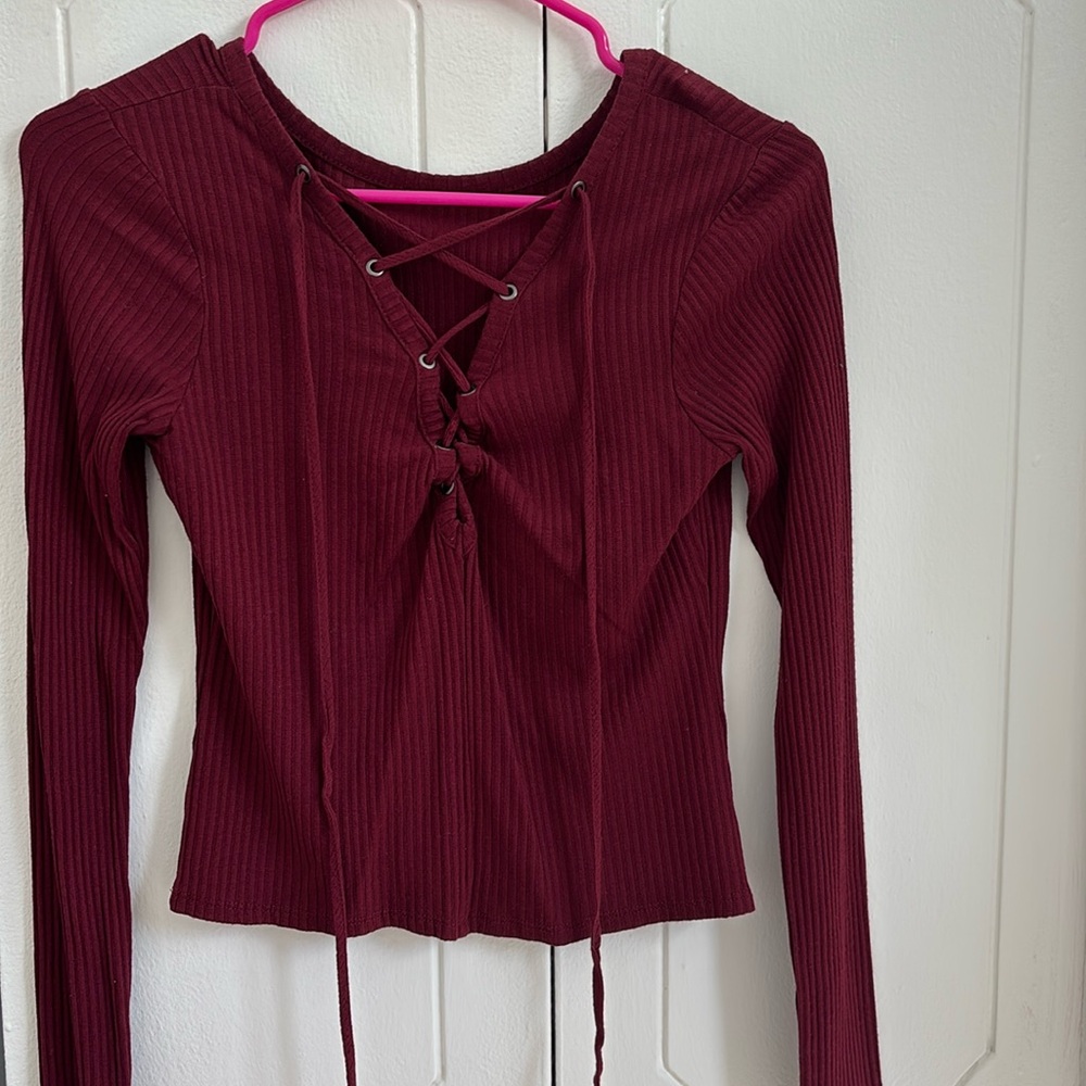 Maroon Long Sleeve Top w/ Criss Cross Lace Design